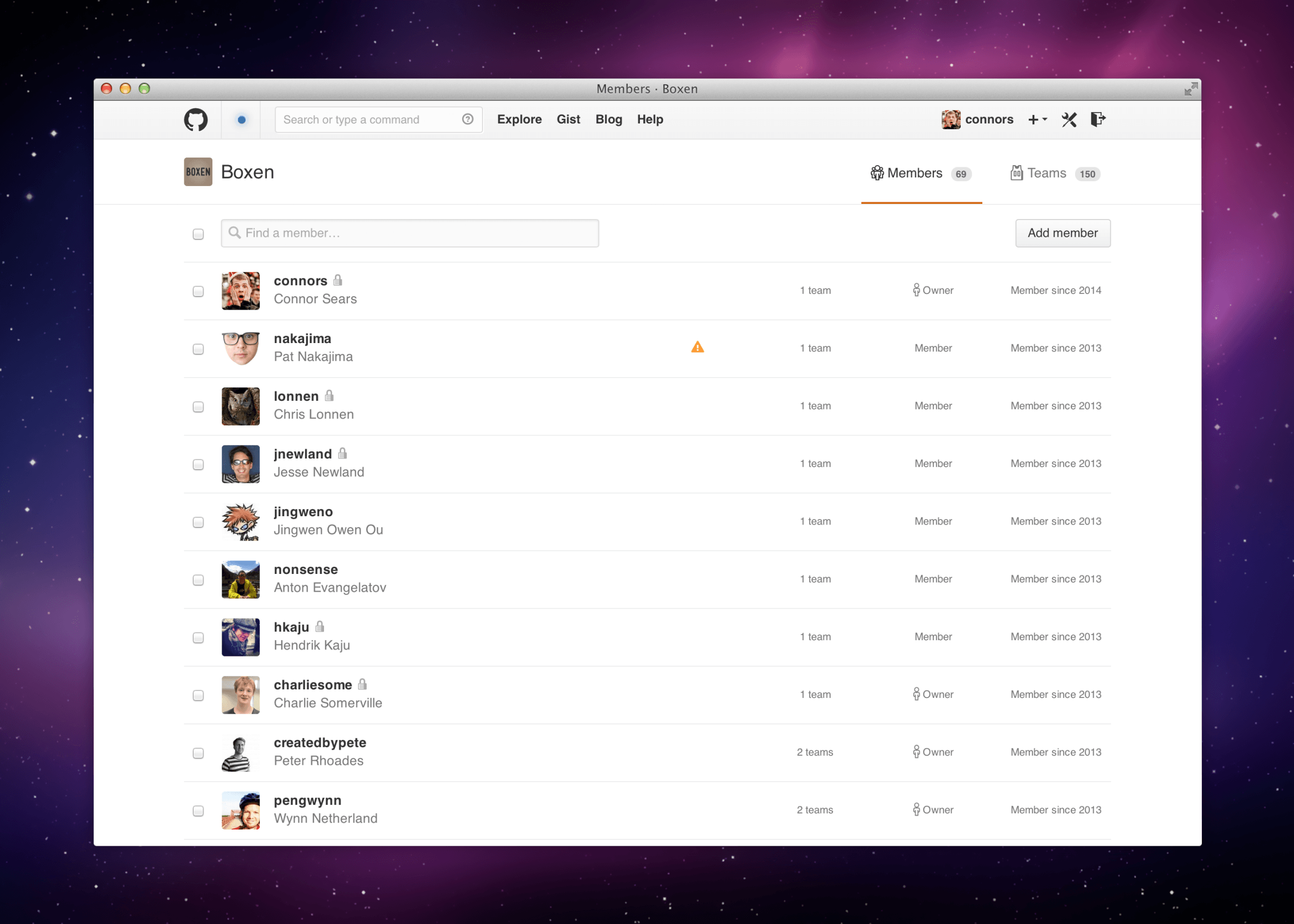 GitHub Boxen organization members list showing roles and membership history