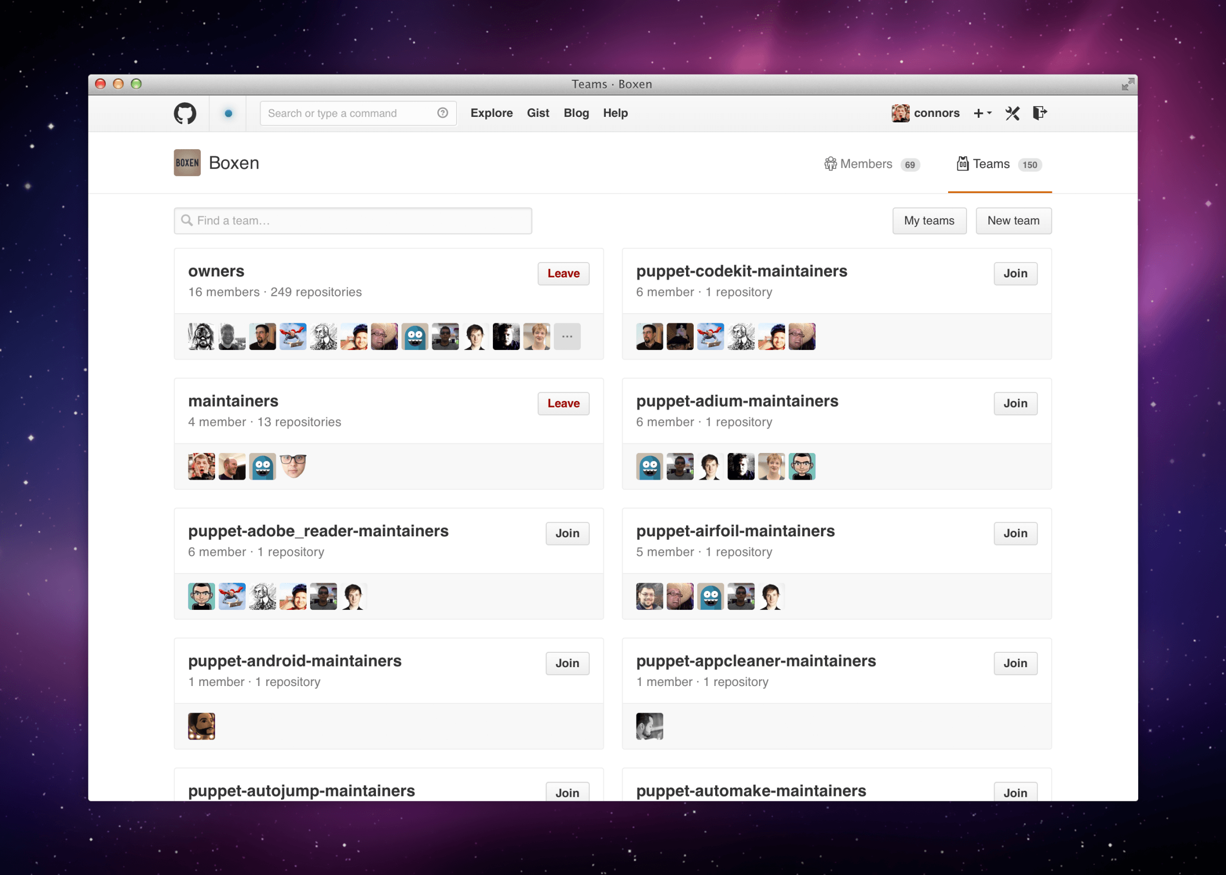 GitHub Boxen organization teams page with member avatars and join and leave controls