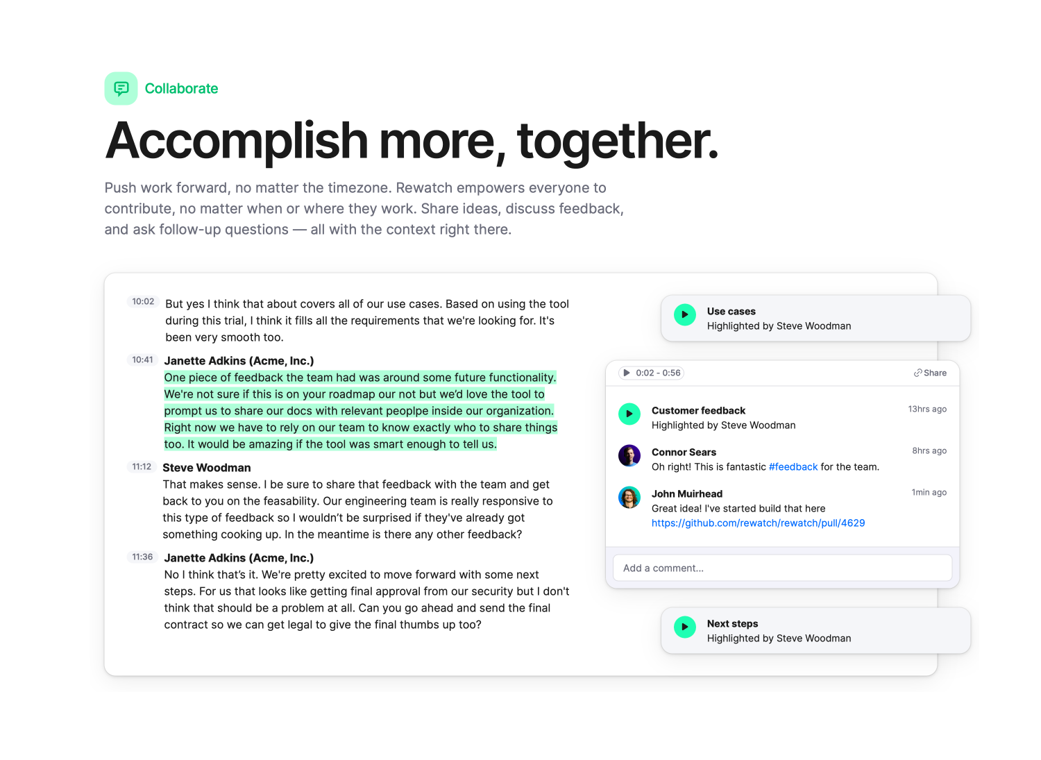 Rewatch marketing Collaborate section showing a transcript with highlights and threaded comments
