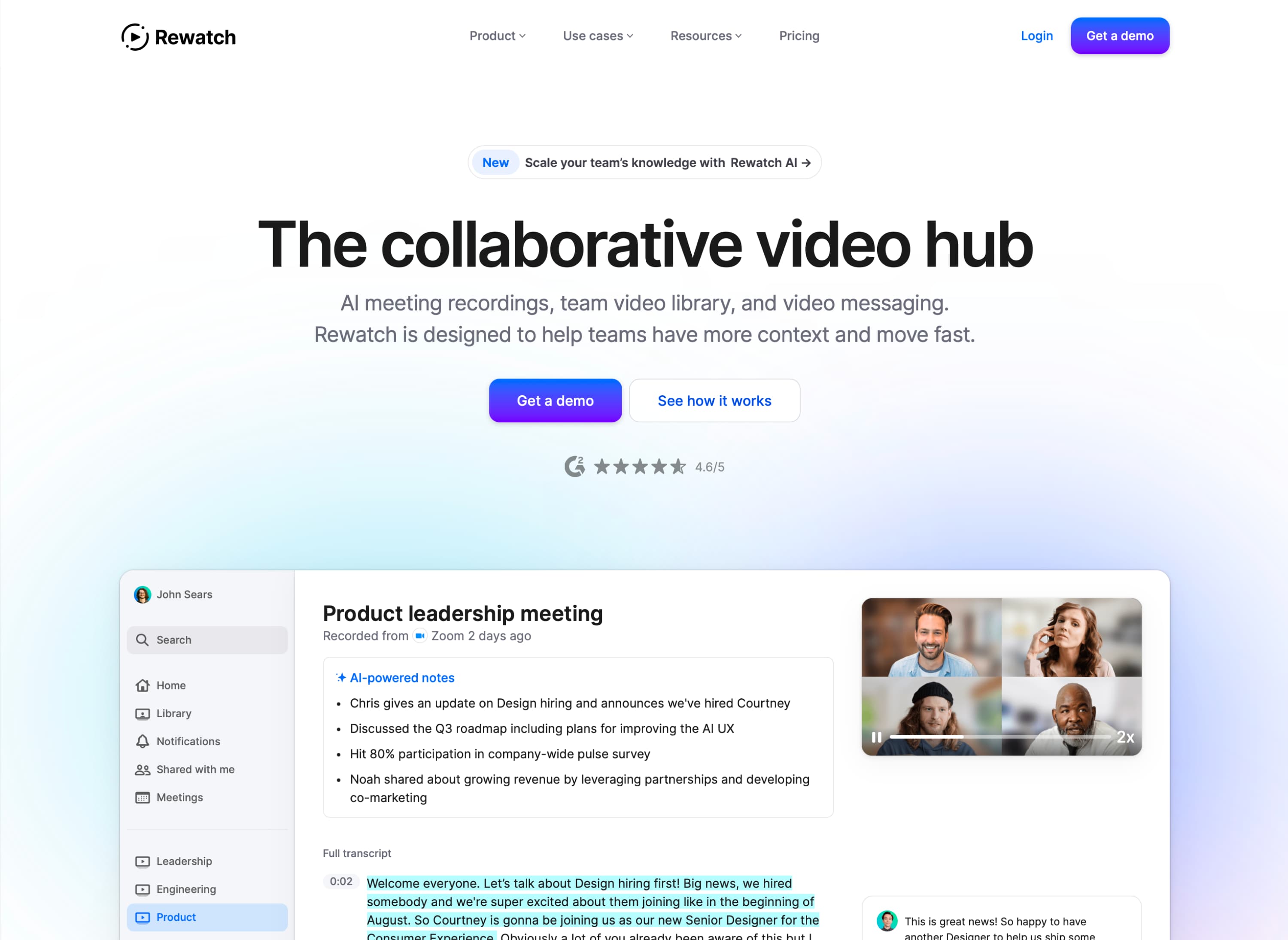 Rewatch marketing homepage with the headline The collaborative video hub and a product screenshot